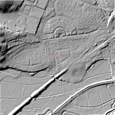 Shaded relief map of the ground around BH204BW, computed from Environment Agency LiDAR. The ground here sits at about 6 m above sea level and falls 29 m across the surrounding 800 m. Surface water reaching this point runs off ground lying to the north-west, 3.3 m higher.