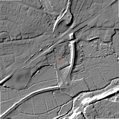 Shaded relief map of the ground around BH204EA, computed from Environment Agency LiDAR. The ground here sits at about 2 m above sea level and falls 14 m across the surrounding 800 m. Surface water reaching this point runs off ground lying to the north-west, 4.8 m higher.