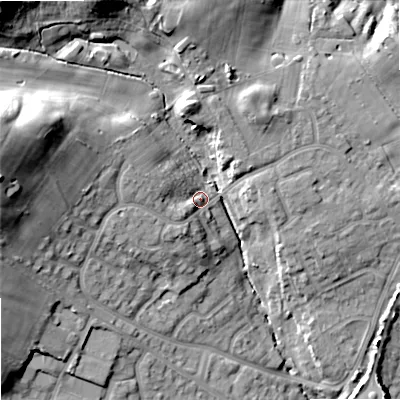 Shaded relief map of the ground around BH204EU, computed from Environment Agency LiDAR. The ground here sits at about 13 m above sea level and falls 29 m across the surrounding 800 m. Surface water reaching this point runs off ground lying to the west-north-west, 20.0 m higher.
