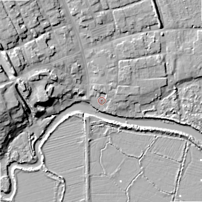 Shaded relief map of the ground around BH204LP, computed from Environment Agency LiDAR. The ground here sits at about 2 m above sea level and falls 16 m across the surrounding 800 m. Surface water reaching this point runs off ground lying to the north-north-east, 3.9 m higher.