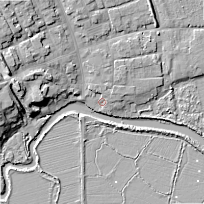 Shaded relief map of the ground around BH204ND, computed from Environment Agency LiDAR. The ground here sits at about 3 m above sea level and falls 16 m across the surrounding 800 m. Surface water reaching this point runs off ground lying to the north-east, 3.5 m higher.