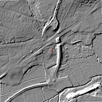 Shaded relief map of the ground around BH204PB, computed from Environment Agency LiDAR. The ground here sits at about 4 m above sea level and falls 13 m across the surrounding 800 m. Surface water reaching this point runs off ground lying to the west-north-west, 1.4 m higher.