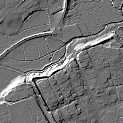 Shaded relief map of the ground around BH204QW, computed from Environment Agency LiDAR. The ground here sits at about 2 m above sea level and falls 18 m across the surrounding 800 m. Surface water reaching this point runs off ground lying to the south-west, 17.8 m higher.