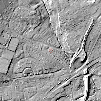Shaded relief map of the ground around BH204SJ, computed from Environment Agency LiDAR. The ground here sits at about 9 m above sea level and falls 23 m across the surrounding 800 m. Surface water reaching this point runs off ground lying to the west, 2.1 m higher.