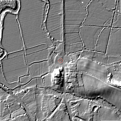 Shaded relief map of the ground around BH205AA, computed from Environment Agency LiDAR. The ground here sits at about 2 m above sea level and falls 13 m across the surrounding 800 m. Surface water reaching this point runs off ground lying to the south-east, 4.5 m higher.