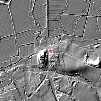 Shaded relief map of the ground around BH205AB, computed from Environment Agency LiDAR. The ground here sits at about 4 m above sea level and falls 13 m across the surrounding 800 m. Surface water reaching this point runs off ground lying to the south-east, 3.6 m higher.