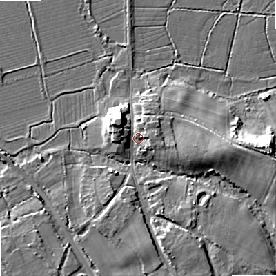 Shaded relief map of the ground around BH205AD, computed from Environment Agency LiDAR. The ground here sits at about 4 m above sea level and falls 13 m across the surrounding 800 m. Surface water reaching this point runs off ground lying to the east, 3.6 m higher.