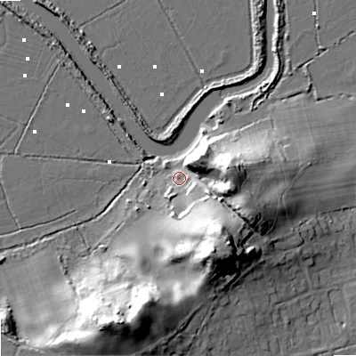 Shaded relief map of the ground around BH205BE, computed from Environment Agency LiDAR. The ground here sits at about 4 m above sea level and falls 32 m across the surrounding 800 m. Surface water reaching this point runs off ground lying to the south-east, 26.9 m higher.