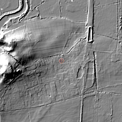Shaded relief map of the ground around BH205BG, computed from Environment Agency LiDAR. The ground here sits at about 4 m above sea level and falls 31 m across the surrounding 800 m. Surface water reaching this point runs off ground lying to the west, 26.8 m higher.