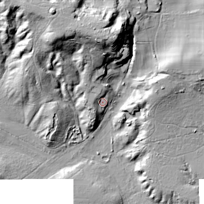 Shaded relief map of the ground around BH205BJ, computed from Environment Agency LiDAR. The ground here sits at about 18 m above sea level and falls 49 m across the surrounding 800 m. Surface water reaching this point runs off ground lying to the north-west, 9.5 m higher.