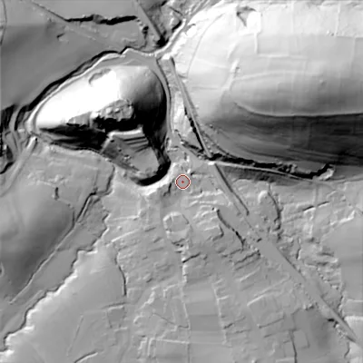 Shaded relief map of the ground around BH205ED, computed from Environment Agency LiDAR. The ground here sits at about 19 m above sea level and falls 93 m across the surrounding 800 m. Surface water reaching this point runs off ground lying to the south-south-east, 15.1 m higher.