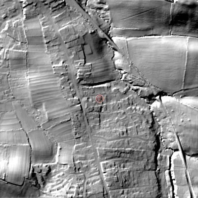 Shaded relief map of the ground around BH205EL, computed from Environment Agency LiDAR. The ground here sits at about 29 m above sea level and falls 40 m across the surrounding 800 m. Surface water reaching this point runs off ground lying to the south-west, 5.6 m higher.