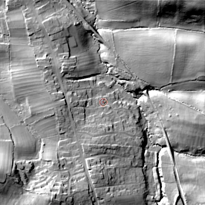Shaded relief map of the ground around BH205ES, computed from Environment Agency LiDAR. The ground here sits at about 28 m above sea level and falls 40 m across the surrounding 800 m. Surface water reaching this point runs off ground lying to the south-south-west, 17.6 m higher.