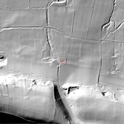 Shaded relief map of the ground around BH205JG, computed from Environment Agency LiDAR. The ground here sits at about 47 m above sea level and falls 86 m across the surrounding 800 m. Surface water reaching this point runs off ground lying to the south-south-west, 21.6 m higher.