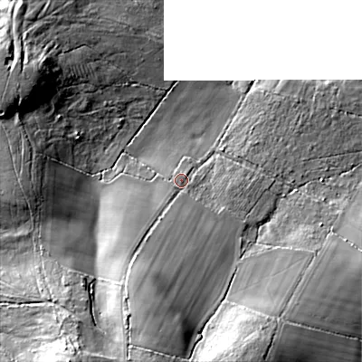 Shaded relief map of the ground around BH205JH, computed from Environment Agency LiDAR. The ground here sits at about 38 m above sea level and falls 34 m across the surrounding 800 m. Surface water reaching this point runs off ground lying to the south-south-west, 19.8 m higher.