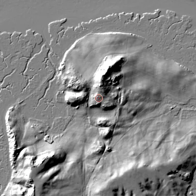 Shaded relief map of the ground around BH205JL, computed from Environment Agency LiDAR. The ground here sits at about 12 m above sea level and falls 21 m across the surrounding 800 m. Surface water reaching this point runs off ground lying to the north-north-east, 2.7 m higher.