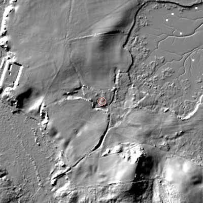 Shaded relief map of the ground around BH205JN, computed from Environment Agency LiDAR. The ground here sits at about 6 m above sea level and falls 25 m across the surrounding 800 m. Surface water reaching this point runs off ground lying to the south-south-west, 9.4 m higher.