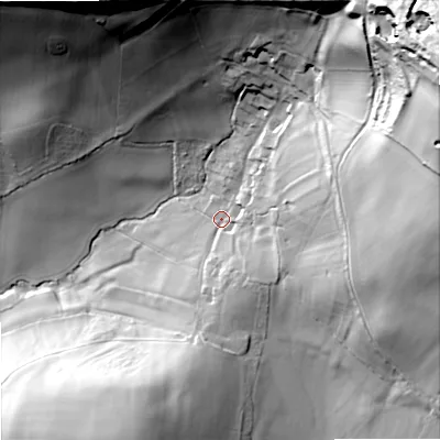 Shaded relief map of the ground around BH205PE, computed from Environment Agency LiDAR. The ground here sits at about 39 m above sea level and falls 106 m across the surrounding 800 m. Surface water reaching this point runs off ground lying to the east-north-east, 63.1 m higher.