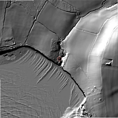 Shaded relief map of the ground around BH205PF, computed from Environment Agency LiDAR. The ground here sits at about 11 m above sea level and falls 54 m across the surrounding 800 m. Surface water reaching this point runs off ground lying to the east-north-east, 48.0 m higher.