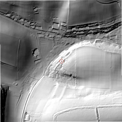 Shaded relief map of the ground around BH205RL, computed from Environment Agency LiDAR. The ground here sits at about 40 m above sea level and falls 110 m across the surrounding 800 m. Surface water reaching this point runs off ground lying to the east-south-east, 28.8 m higher.