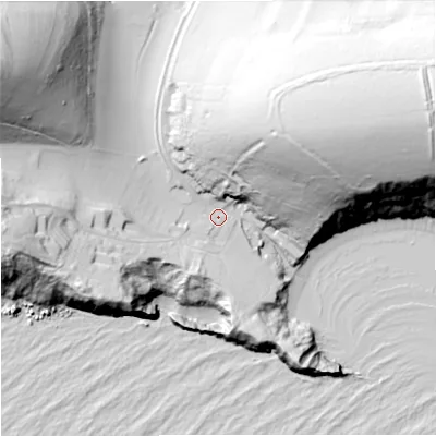 Shaded relief map of the ground around BH205RQ, computed from Environment Agency LiDAR. The ground here sits at about 13 m above sea level and falls 123 m across the surrounding 800 m. Surface water reaching this point runs off ground lying to the east-north-east, 107.8 m higher.