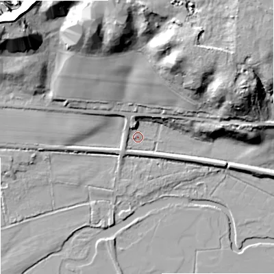 Shaded relief map of the ground around BH206AF, computed from Environment Agency LiDAR. The ground here sits at about 6 m above sea level and falls 34 m across the surrounding 800 m. Surface water reaching this point runs off ground lying to the north, 29.7 m higher.
