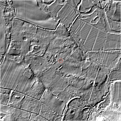 Shaded relief map of the ground around BH206AP, computed from Environment Agency LiDAR. The ground here sits at about 8 m above sea level and falls 11 m across the surrounding 800 m. Surface water reaching this point runs off ground lying to the south-west, 1.0 m higher.
