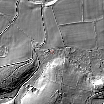 Shaded relief map of the ground around BH206AS, computed from Environment Agency LiDAR. The ground here sits at about 15 m above sea level and falls 18 m across the surrounding 800 m. Surface water reaching this point runs off ground lying to the south-south-east, 6.2 m higher.