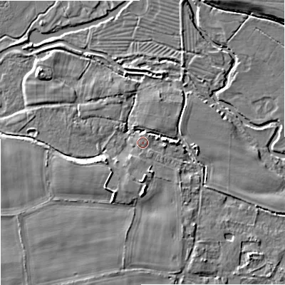 Shaded relief map of the ground around BH206AW, computed from Environment Agency LiDAR. The ground here sits at about 9 m above sea level and falls 6 m across the surrounding 800 m. Surface water reaching this point runs off ground lying to the south-south-west, 0.7 m higher.