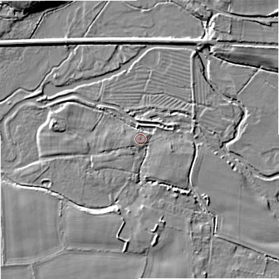 Shaded relief map of the ground around BH206BB, computed from Environment Agency LiDAR. The ground here sits at about 9 m above sea level and falls 8 m across the surrounding 800 m. Surface water reaching this point runs off ground lying to the south, 4.7 m higher.