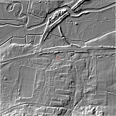 Shaded relief map of the ground around BH206BL, computed from Environment Agency LiDAR. The ground here sits at about 15 m above sea level and falls 14 m across the surrounding 800 m. Surface water reaching this point runs off ground lying to the south-south-west, 11.4 m higher.