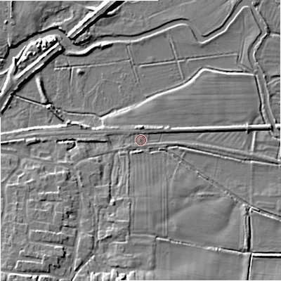 Shaded relief map of the ground around BH206BN, computed from Environment Agency LiDAR. The ground here sits at about 14 m above sea level and falls 11 m across the surrounding 800 m. Surface water reaching this point runs off ground lying to the south-west, 8.3 m higher.