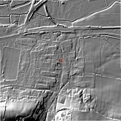 Shaded relief map of the ground around BH206BP, computed from Environment Agency LiDAR. The ground here sits at about 17 m above sea level and falls 29 m across the surrounding 800 m. Surface water reaching this point runs off ground lying to the south-west, 21.6 m higher.