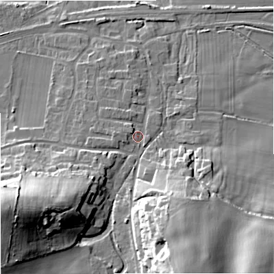 Shaded relief map of the ground around BH206BT, computed from Environment Agency LiDAR. The ground here sits at about 18 m above sea level and falls 31 m across the surrounding 800 m. Surface water reaching this point runs off ground lying to the west-south-west, 23.2 m higher.