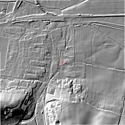 Shaded relief map of the ground around BH206DB, computed from Environment Agency LiDAR. The ground here sits at about 17 m above sea level and falls 27 m across the surrounding 800 m. Surface water reaching this point runs off ground lying to the south, 22.0 m higher.
