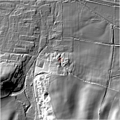 Shaded relief map of the ground around BH206DD, computed from Environment Agency LiDAR. The ground here sits at about 21 m above sea level and falls 33 m across the surrounding 800 m. Surface water reaching this point runs off ground lying to the south, 24.4 m higher.