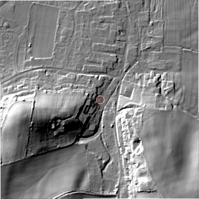 Shaded relief map of the ground around BH206DE, computed from Environment Agency LiDAR. The ground here sits at about 20 m above sea level and falls 32 m across the surrounding 800 m. Surface water reaching this point runs off ground lying to the south-east, 27.3 m higher.