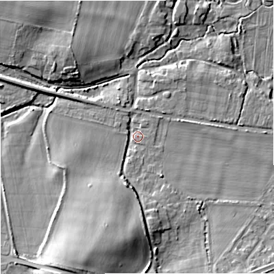 Shaded relief map of the ground around BH206EY, computed from Environment Agency LiDAR. The ground here sits at about 19 m above sea level and falls 16 m across the surrounding 800 m. Surface water reaching this point runs off ground lying to the south, 11.3 m higher.