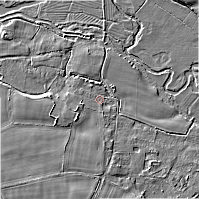 Shaded relief map of the ground around BH206FA, computed from Environment Agency LiDAR. The ground here sits at about 9 m above sea level and falls 6 m across the surrounding 800 m. Surface water reaching this point runs off ground lying to the west-south-west, 4.9 m higher.