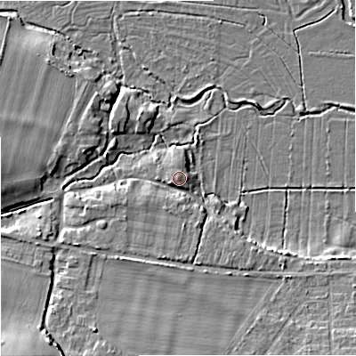 Shaded relief map of the ground around BH206HE, computed from Environment Agency LiDAR. The ground here sits at about 18 m above sea level and falls 13 m across the surrounding 800 m. Surface water reaching this point runs off ground lying to the west-north-west, 0.9 m higher.