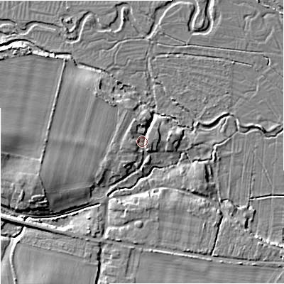 Shaded relief map of the ground around BH206HL, computed from Environment Agency LiDAR. The ground here sits at about 18 m above sea level and falls 10 m across the surrounding 800 m. Surface water reaching this point runs off ground lying to the west, 2.5 m higher.