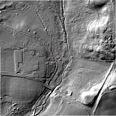 Shaded relief map of the ground around BH206NR, computed from Environment Agency LiDAR. The ground here sits at about 22 m above sea level and falls 28 m across the surrounding 800 m. Surface water reaching this point runs off ground lying to the west-north-west, 8.5 m higher.