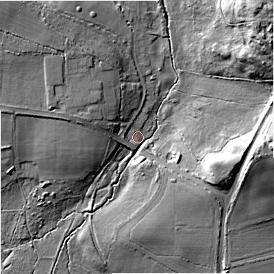 Shaded relief map of the ground around BH206PA, computed from Environment Agency LiDAR. The ground here sits at about 20 m above sea level and falls 27 m across the surrounding 800 m. Surface water reaching this point runs off ground lying to the north-east, 23.2 m higher.