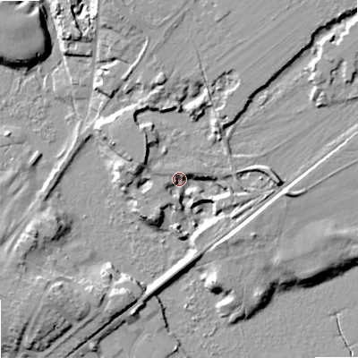 Shaded relief map of the ground around BH207BH, computed from Environment Agency LiDAR. The ground here sits at about 6 m above sea level and falls 15 m across the surrounding 800 m. Surface water reaching this point runs off ground lying to the west-north-west, 4.6 m higher.