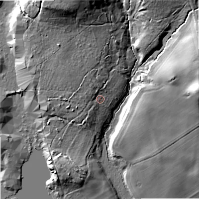 Shaded relief map of the ground around BH207DJ, computed from Environment Agency LiDAR. The ground here sits at about 19 m above sea level and falls 21 m across the surrounding 800 m. Surface water reaching this point runs off ground lying to the north-west, 3.6 m higher.