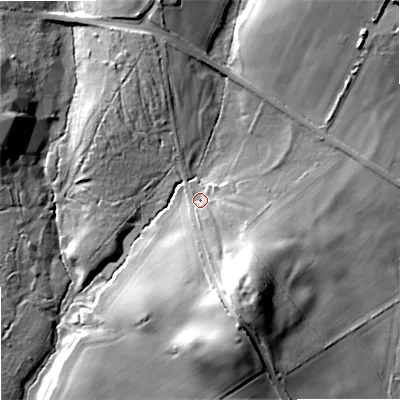 Shaded relief map of the ground around BH207ES, computed from Environment Agency LiDAR. The ground here sits at about 24 m above sea level and falls 27 m across the surrounding 800 m. Surface water reaching this point runs off ground lying to the south-south-east, 18.4 m higher.