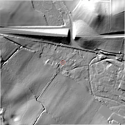 Shaded relief map of the ground around BH207HU, computed from Environment Agency LiDAR. The ground here sits at about 37 m above sea level and falls 41 m across the surrounding 800 m. Surface water reaching this point runs off ground lying to the west, 19.0 m higher.