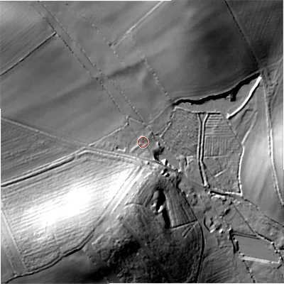 Shaded relief map of the ground around BH207JF, computed from Environment Agency LiDAR. The ground here sits at about 43 m above sea level and falls 33 m across the surrounding 800 m. Surface water reaching this point runs off ground lying to the south-south-west, 26.1 m higher.