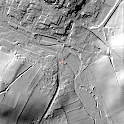 Shaded relief map of the ground around BH207LH, computed from Environment Agency LiDAR. The ground here sits at about 33 m above sea level and falls 35 m across the surrounding 800 m. Surface water reaching this point runs off ground lying to the west-south-west, 33.3 m higher.