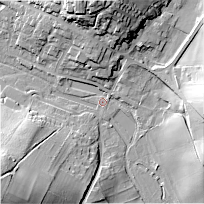 Shaded relief map of the ground around BH207LN, computed from Environment Agency LiDAR. The ground here sits at about 34 m above sea level and falls 35 m across the surrounding 800 m. Surface water reaching this point runs off ground lying to the south-west, 33.2 m higher.